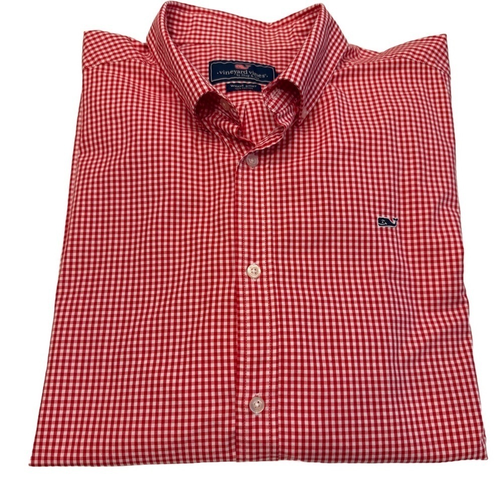 Vineyard Vines Men’s Button Down Whale Shirt Red & White Check Sz 2XL